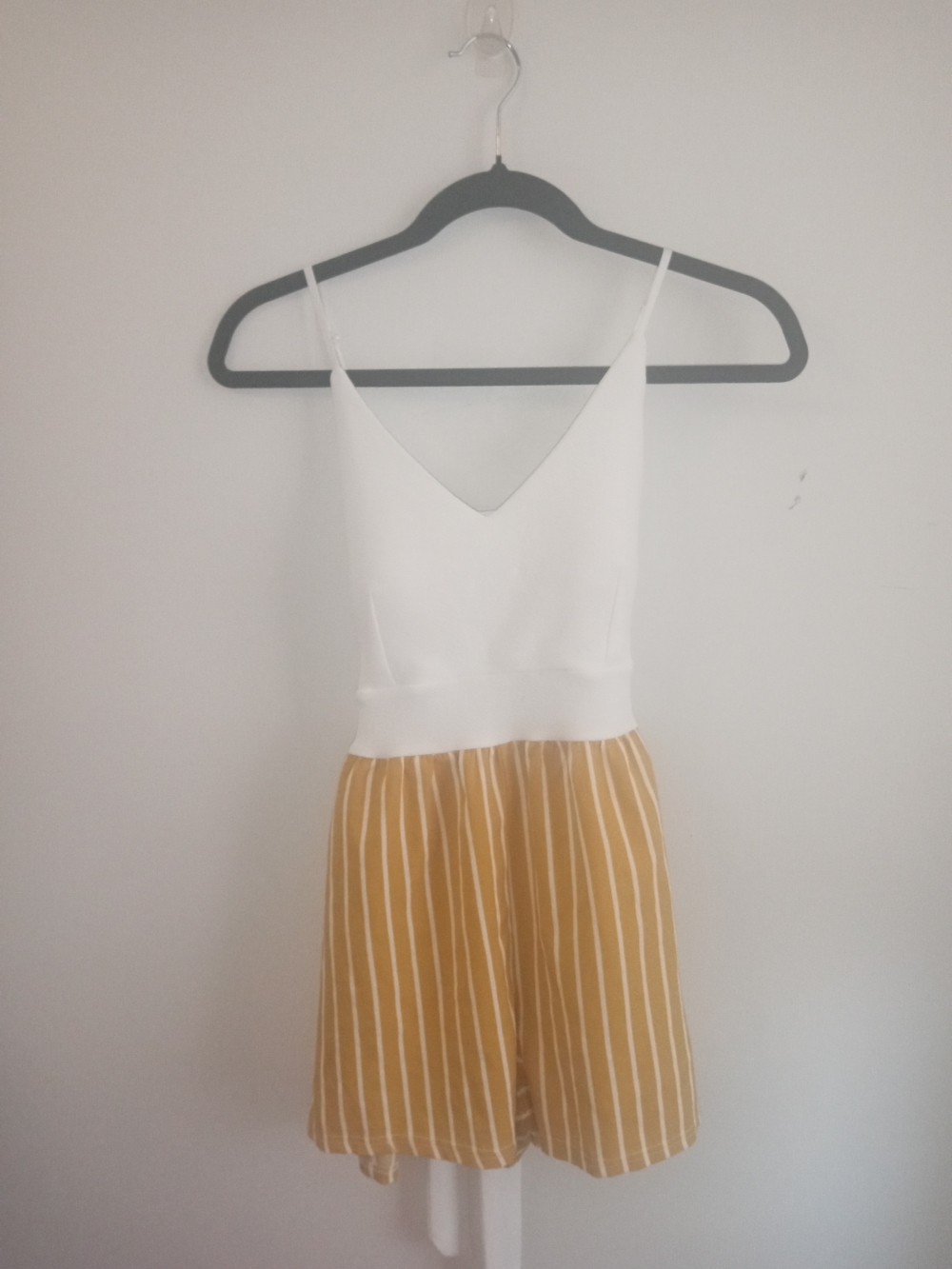 Fashion Magazine White and Mustard Striped Romper Tie Back Size S